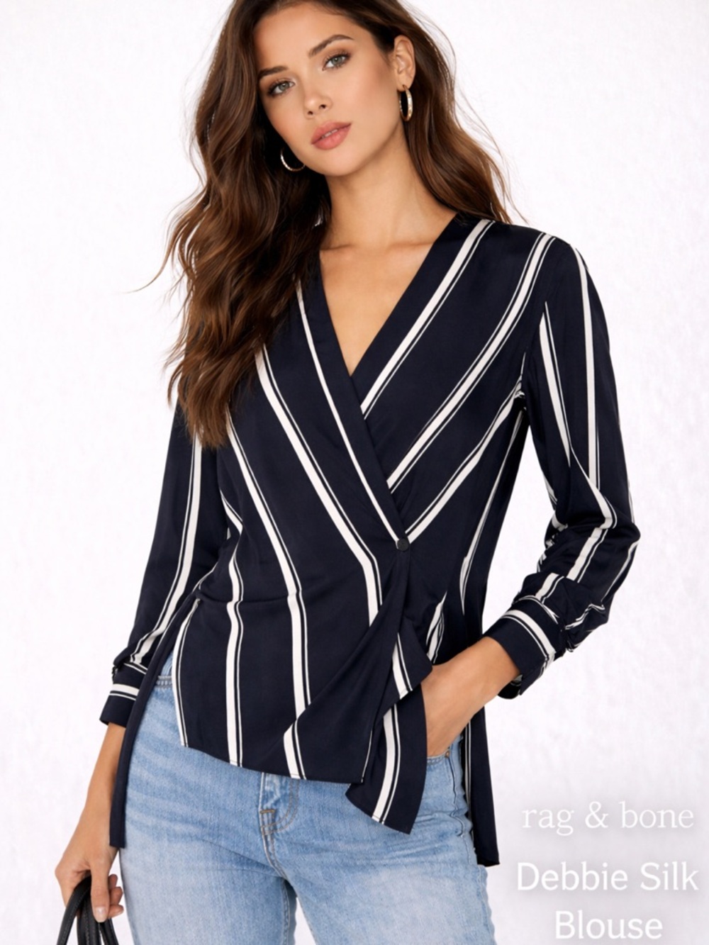 Rag & Bone Debbie 100% Silk Wrap Blouse Navy Stripe Asymmetrical Size L